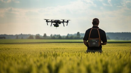 professional drone operator controlling a drone in a field, generative ai