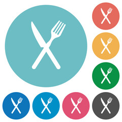 Fork and knife in crossed position flat round icons