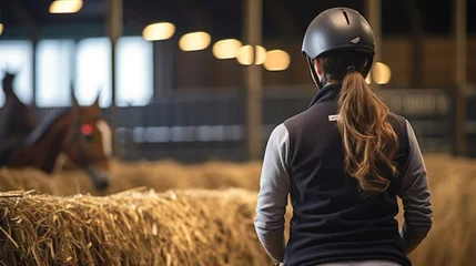 Foto op Canvas equestrian rider training a horse in a stable, generative ai © ThisDesign