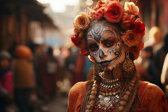Beautiful catrina woman in Dia de Muertos, Mexican Halloween
