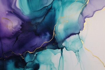 Purple Gold Liquid Tirquoise Texture. A Blend of Purple, Gold, Blue and Turquoise, Fluid Ink Splashes and Waves, Abstract Watercolor Design for Modern Projects. Generative AI.