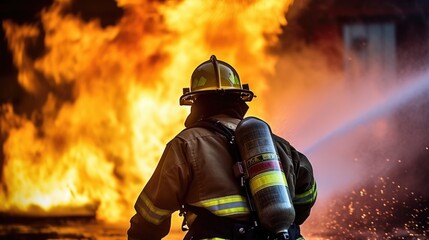 Naklejka premium professional firefighter putting out a fire during a drill generative ai