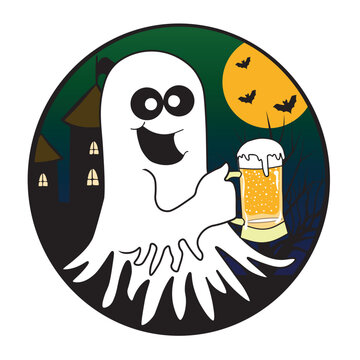 Fun cute Ghost holding a big glass of beer inside a circle with halloween background with castle and bats. Vector illustration with transparent background.