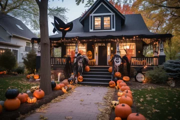  House decorated for Halloween with pumpkins and webs, witches and ghosts, generative AI © fahrwasser