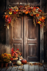 Festive Thanksgiving decoration with leaves and pumpkins on a door, generative AI