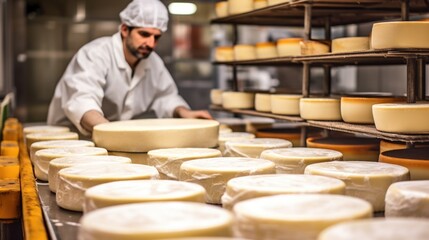 cheese maker preparing cheese in a dairy, generative ai