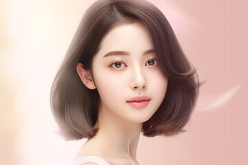 Fototapeta premium Close-up portrait of young woman hyper realistic portrait in positive view, beautiful model posing in studio over effect pastel background. Generative AI.