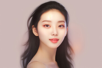 Fototapeta premium Close-up portrait of young woman hyper realistic portrait in positive view, beautiful model posing in studio over effect pastel background. Generative AI.