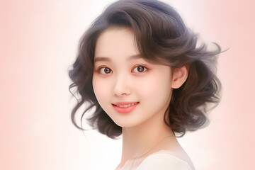 Fototapeta premium Close-up portrait of young woman hyper realistic portrait in positive view, beautiful model posing in studio over effect pastel background. Generative AI.
