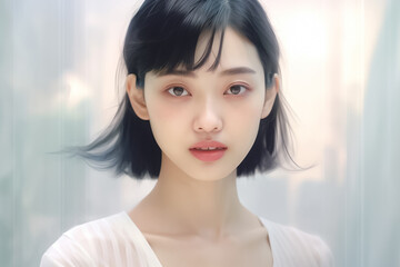 Fototapeta premium Close-up portrait of young woman hyper realistic portrait in positive view, beautiful model posing in studio over effect pastel background. Generative AI.