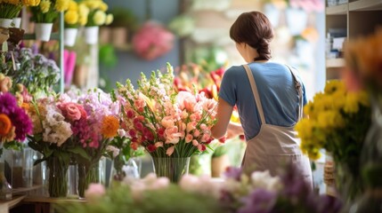 florist arranging a bouquet in a bright flower shop generative ai