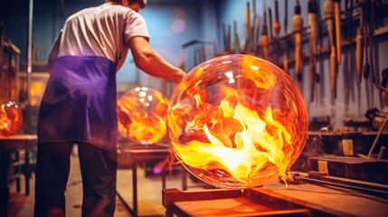 glassmaker blowing glass in a hot and vibrant studio generative ai