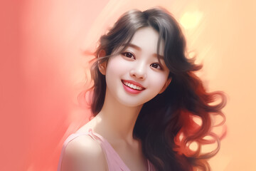 Fototapeta premium Hyper-realistic close-up portrait of illustrated a young woman exuding positivity, captured in a studio setting against an impactful pastel background. Generative AI.