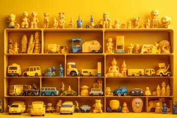 Many little yellow objects arranged neatly in rows on shelves, collection of weird little funny objects, generative AI