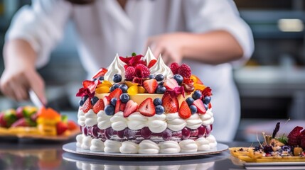 Obraz na płótnie Canvas pastry chef decorating a cake in a bakery, generative ai