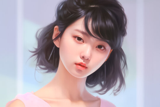 Hyper-realistic close-up portrait of illustrated a young woman exuding positivity, captured in a studio setting against an impactful pastel background. Generative AI.