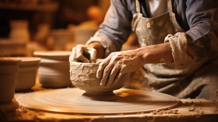 potter shaping clay on a wheel in a cozy studio, generative ai