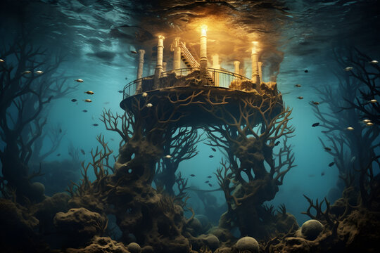 Striking images of nature reclaiming man-made structures, illustrating the passage of time. underwater ocean concept. photorealistic. concept of Apocalyptic Architecture. 