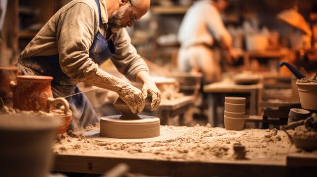 potter shaping clay on a wheel in a cozy studio, generative ai