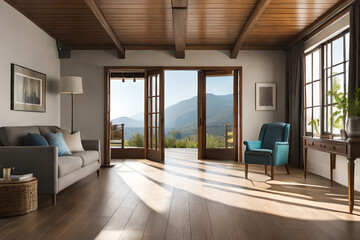 abstract interior of a rural house room with beautiful window view