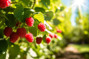 Raspberry plant with ripe red raspberries outside on sunny day in an orchard, generative AI
