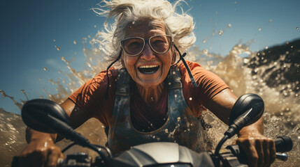 Photorealistic concept of one elderly woman, riding a motorcycle through mud and water in summer, having fun