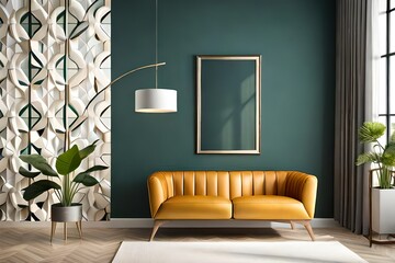 Home interior mock up poster with vertical metal frame, potted plant and lamp on green wall background. Hodern living room.