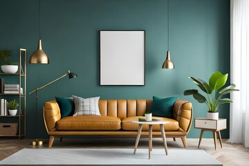 Home interior mock up poster with vertical metal frame, potted plant and lamp on green wall background. Hodern living room.