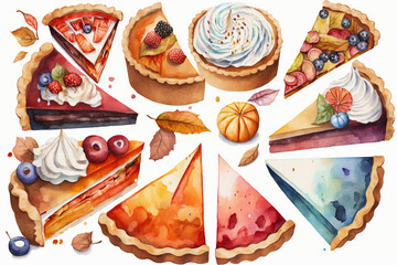 Variety of pies and dessert slices watercolor and cartoon style on white background, generative AI