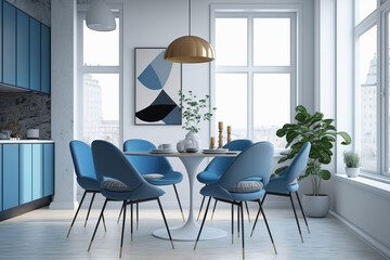 Modern dining room interior with blue chairs around a table, generative AI