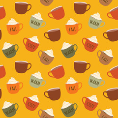 Cute Hand Drawn Fall Cozy Cup Vector Illustration Seamless Pattern Wallpaper Background
