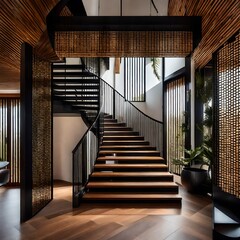 interior of a room, modern living room, Interior design of modern entrance hall with staircase in villa.