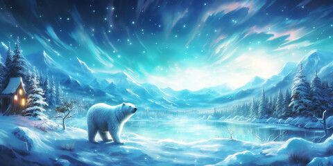 Fototapeta premium Illustration of polar bear taking a leisurely walk alongside a frozen lake, surrounded by the serene beauty of the Nunavut tundra