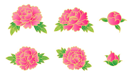 牡丹の花と蕾　素材セット　ビビッドピンク