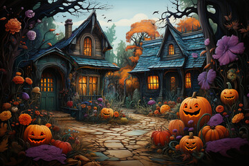 Small village, cute houses, decorated for Halloween