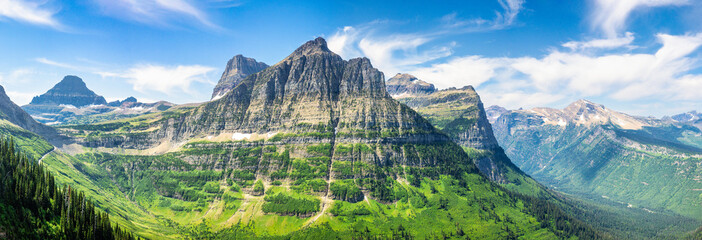 View from Highline trail of Logan creek valley in Glacier National Park, Montana with Reynolds...