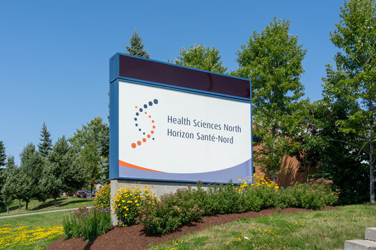 Health Sciences North signage is seen in Greater Sudbury, Ontario, Canada, July 23, 2023. Health Sciences North is a teaching hospital. 
