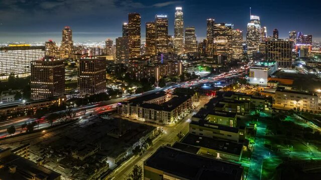 Aerial time-lapse of downtown Los Angeles at night