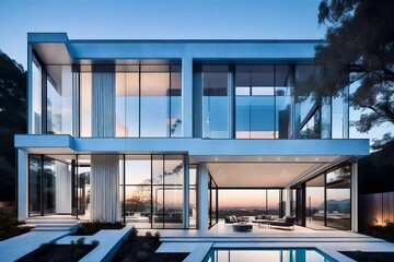house in the night, white house with flowers in the foreground, House exterior in light blue