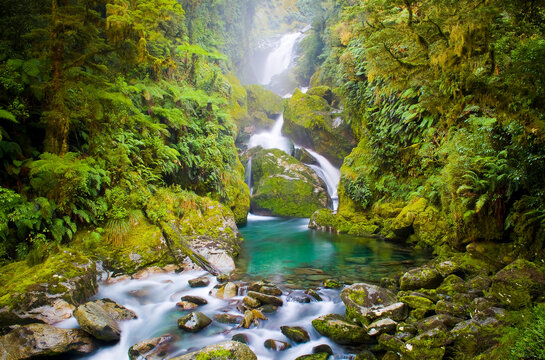 Mackay Falls waterfall on the Milford Track in New Zealand