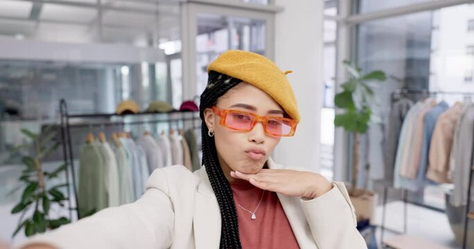 Woman, selfie and funny face for fashion influencer post on social media in a boutique. Portrait, female person and profile picture with sunglasses choice in a retail store and shop with shopping