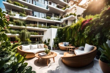 Modern balcony sitting area decorated with green plant and white wall. 