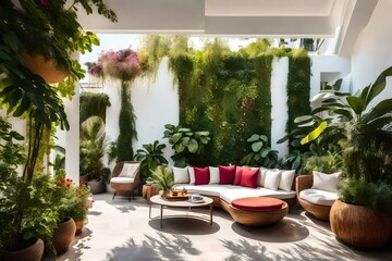 Modern balcony sitting area decorated with green plant and white wall. 