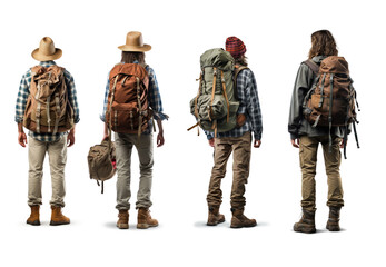 Set of Young traveler wearing a hat with backpack hiking outdoor Travel Lifestyle and Adventure traveler with backpack full body back view on transparent background