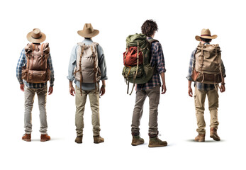 Set of Young traveler wearing a hat with backpack hiking outdoor Travel Lifestyle and Adventure traveler with backpack full body back view on transparent background