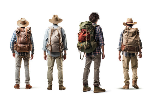 Set of Young traveler wearing a hat with backpack hiking outdoor Travel Lifestyle and Adventure traveler with backpack full body back view on transparent background