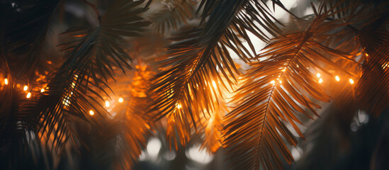 Coconut palm trees leaves with decorative lights for a beach party , sunset with bokeh light ,Generative AI