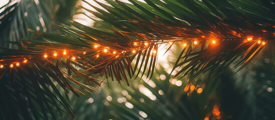 Fototapeta na wymiar Coconut palm trees leaves with decorative lights for a beach party , sunset with bokeh light ,Generative AI