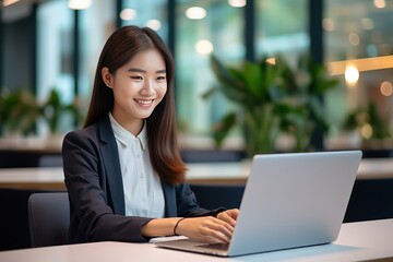 Young smiling asian business woman employee or student sitting at the desk with laptop