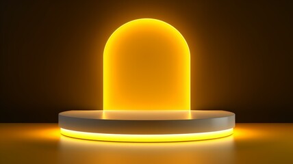 Yellow LED Abstract Minimalistic Product Podium. The Scene for Product Presentation. 3D Room with Geometric Platform Stage Pedestal. Ai Generated Podium Mockup for a Product advertisement.